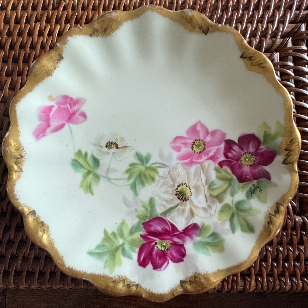 Vintage French Limoges Hand Painted Plate with Gold, Pink and Green Accents